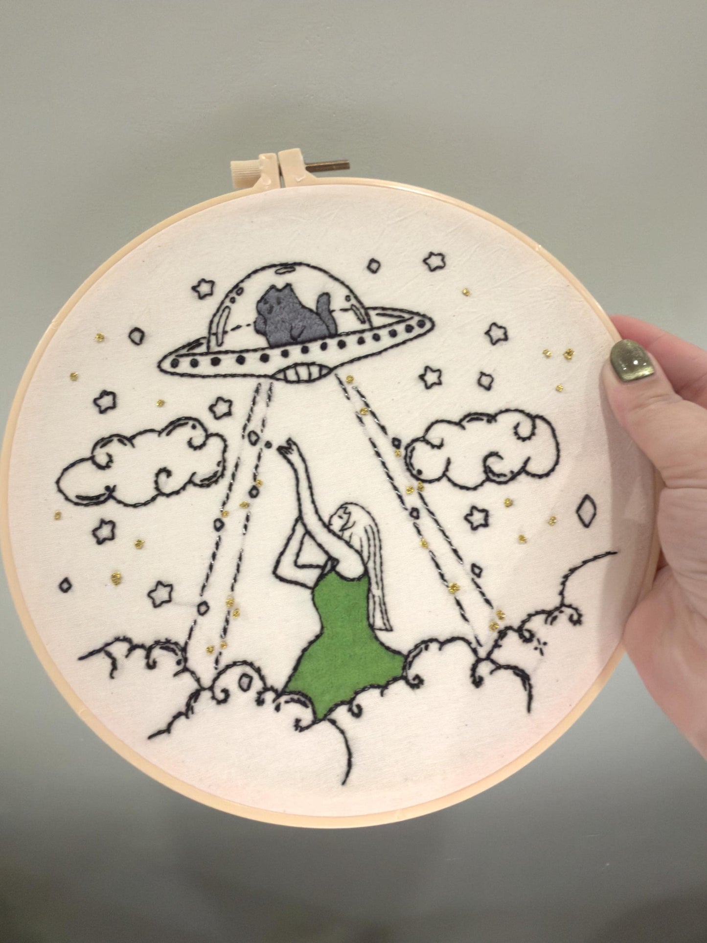 UFO Cat Embroidery Hoop Art | Whimsical Handmade Wall Decor