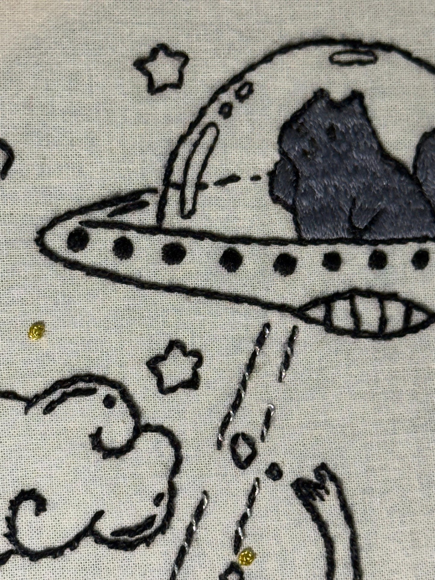 UFO Cat Embroidery Hoop Art | Whimsical Handmade Wall Decor