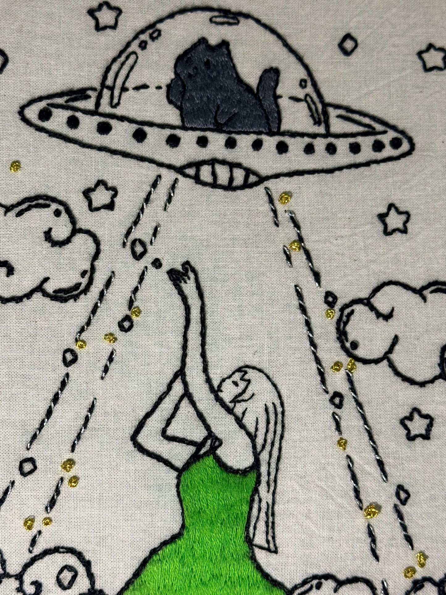 UFO Cat Embroidery Hoop Art | Whimsical Handmade Wall Decor