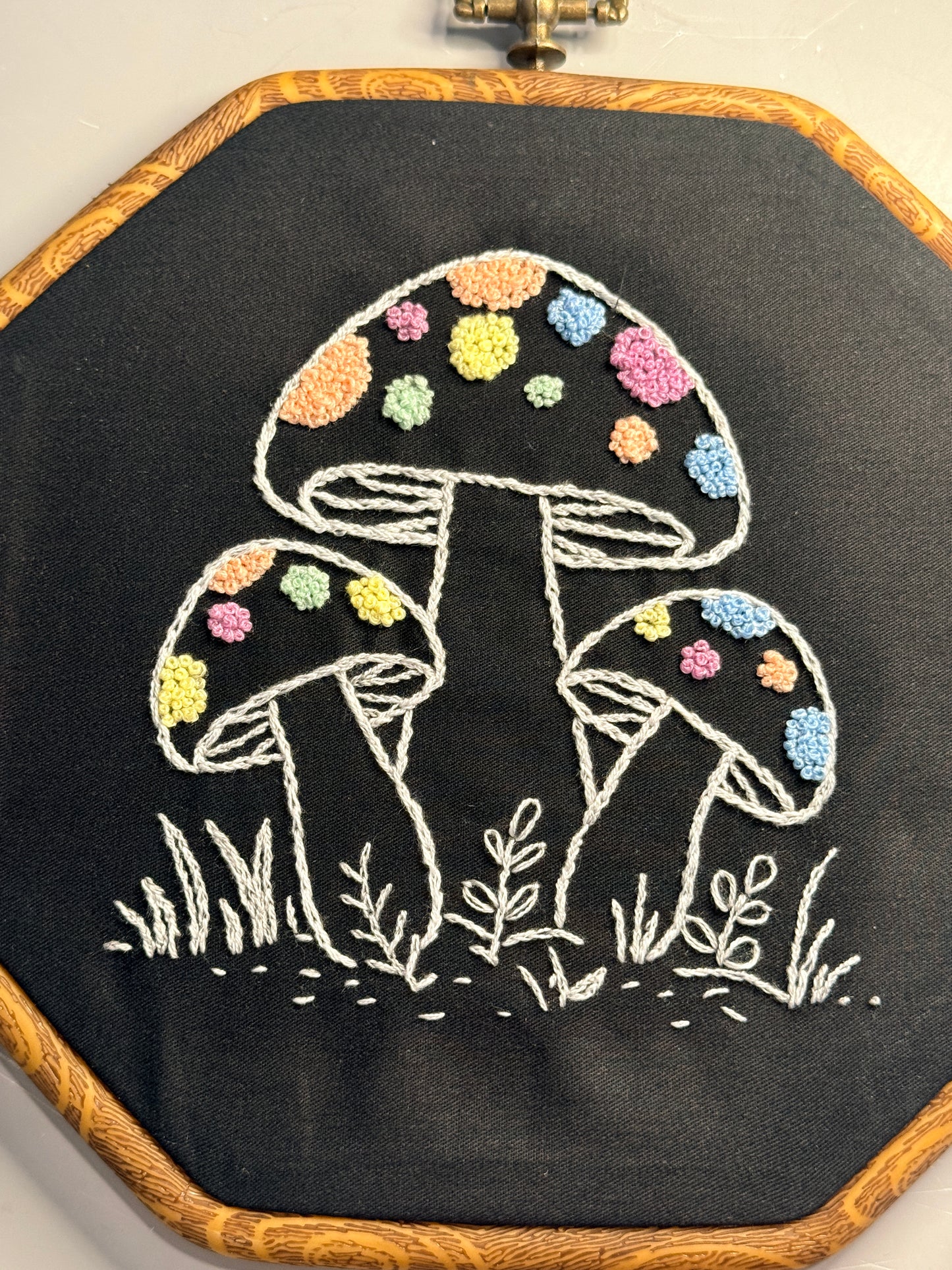 Hand-Embroidered Mushroom Hoop Wall Art – 6 Inch - Made to Order