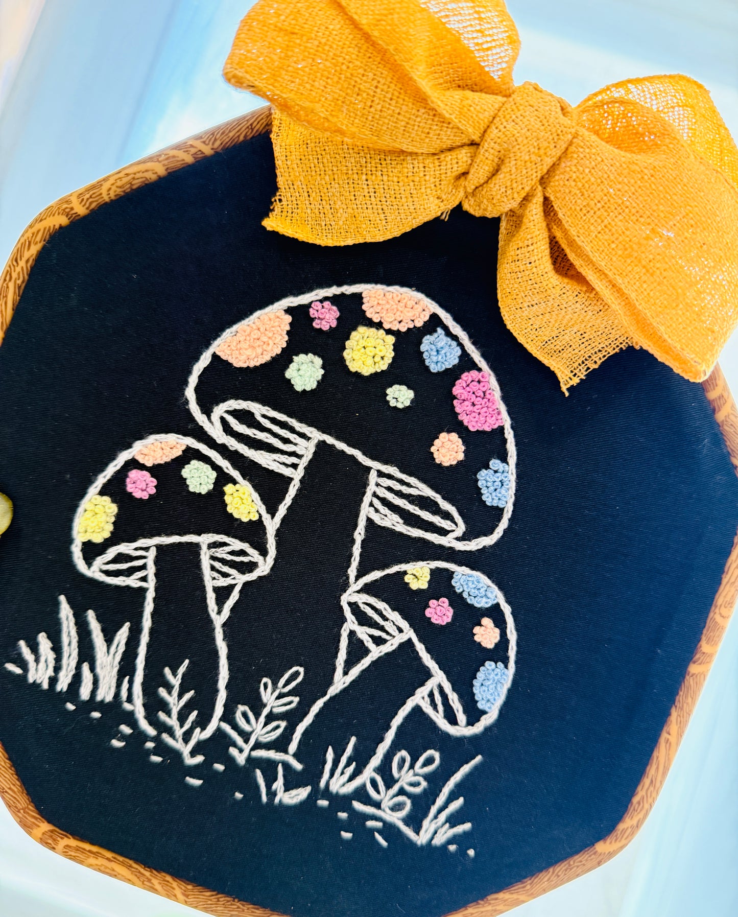 Hand-Embroidered Mushroom Hoop Wall Art – 6 Inch - Made to Order