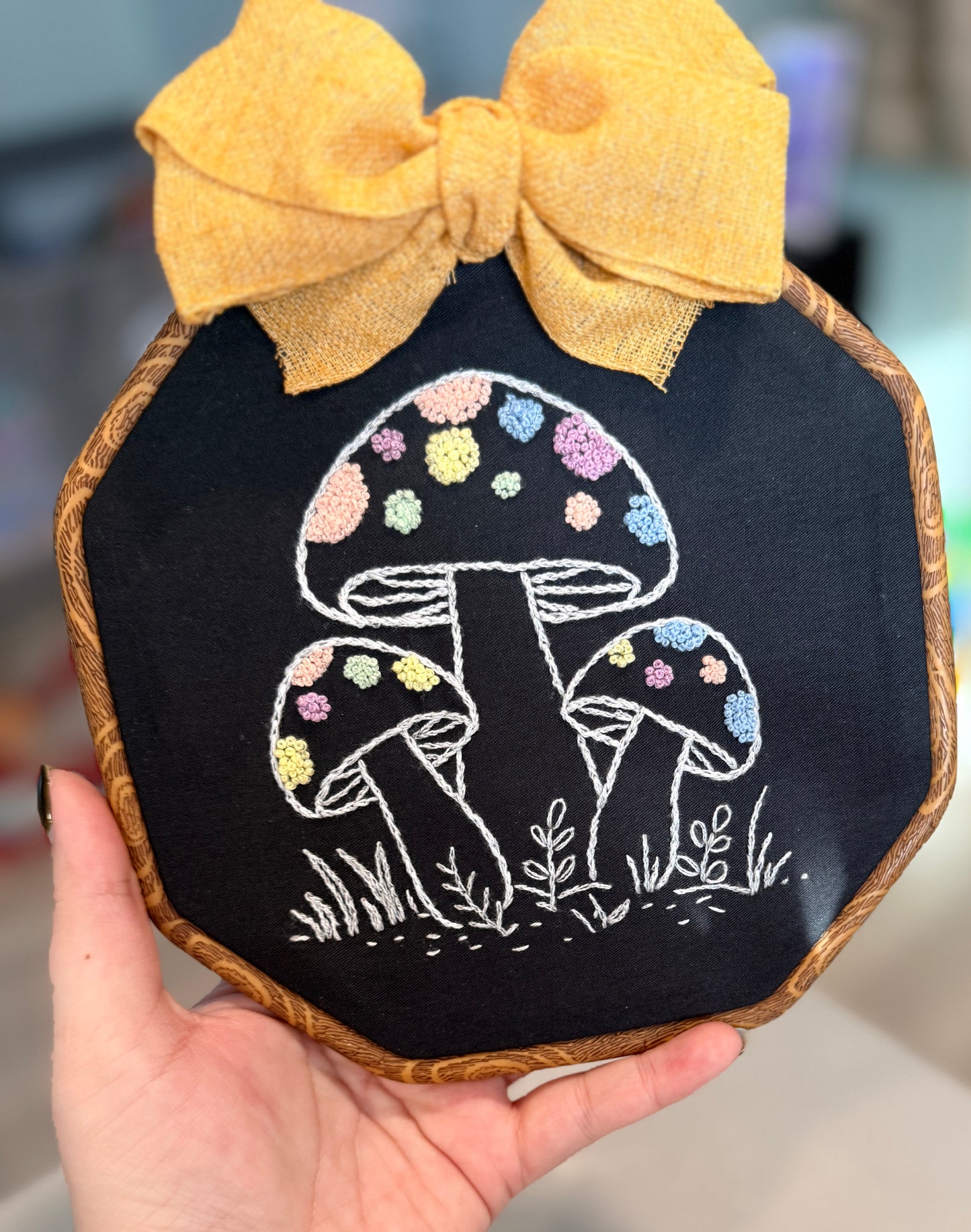 Hand-Embroidered Mushroom Hoop Wall Art – 6 Inch - Made to Order