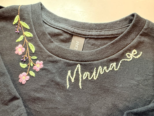Hand-Embroidered “Mama” Floral T-Shirt – Black (Medium)