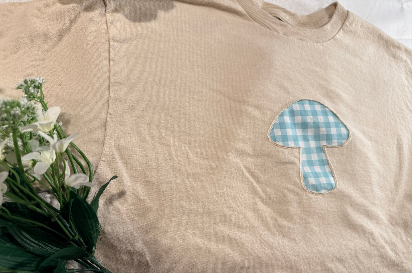 Blue Gingham Mushroom Embroidered Tee – Made to Order