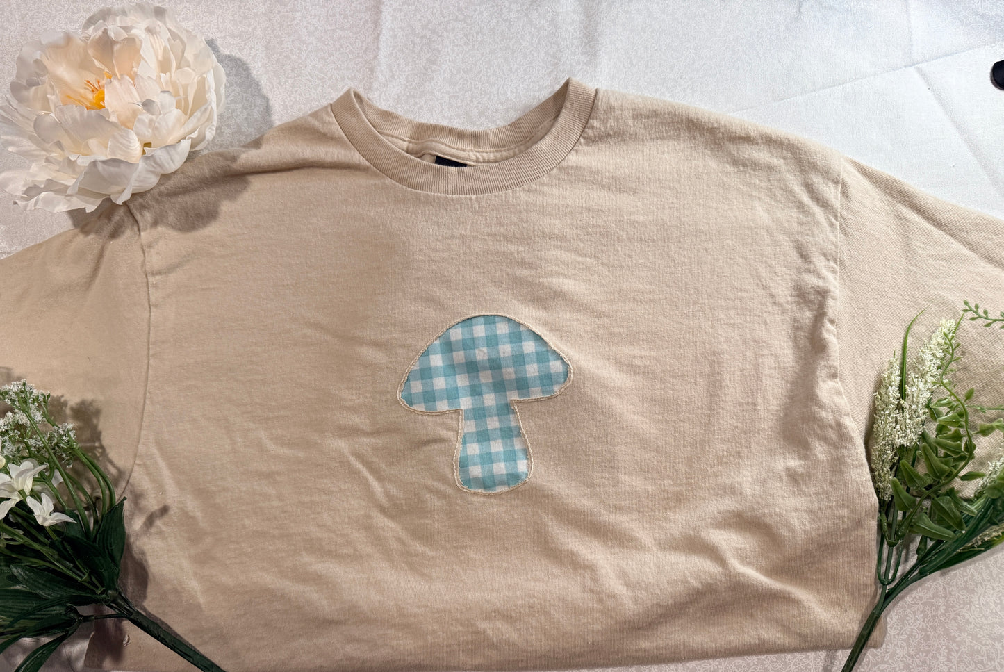 Blue Gingham Mushroom Embroidered Tee – Made to Order