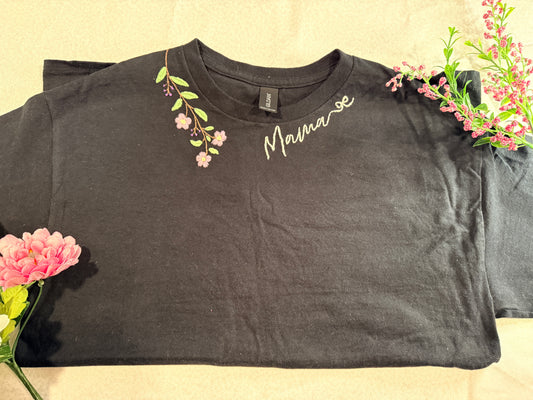 Custom Floral Mama Embroidered Tee – Made to Order