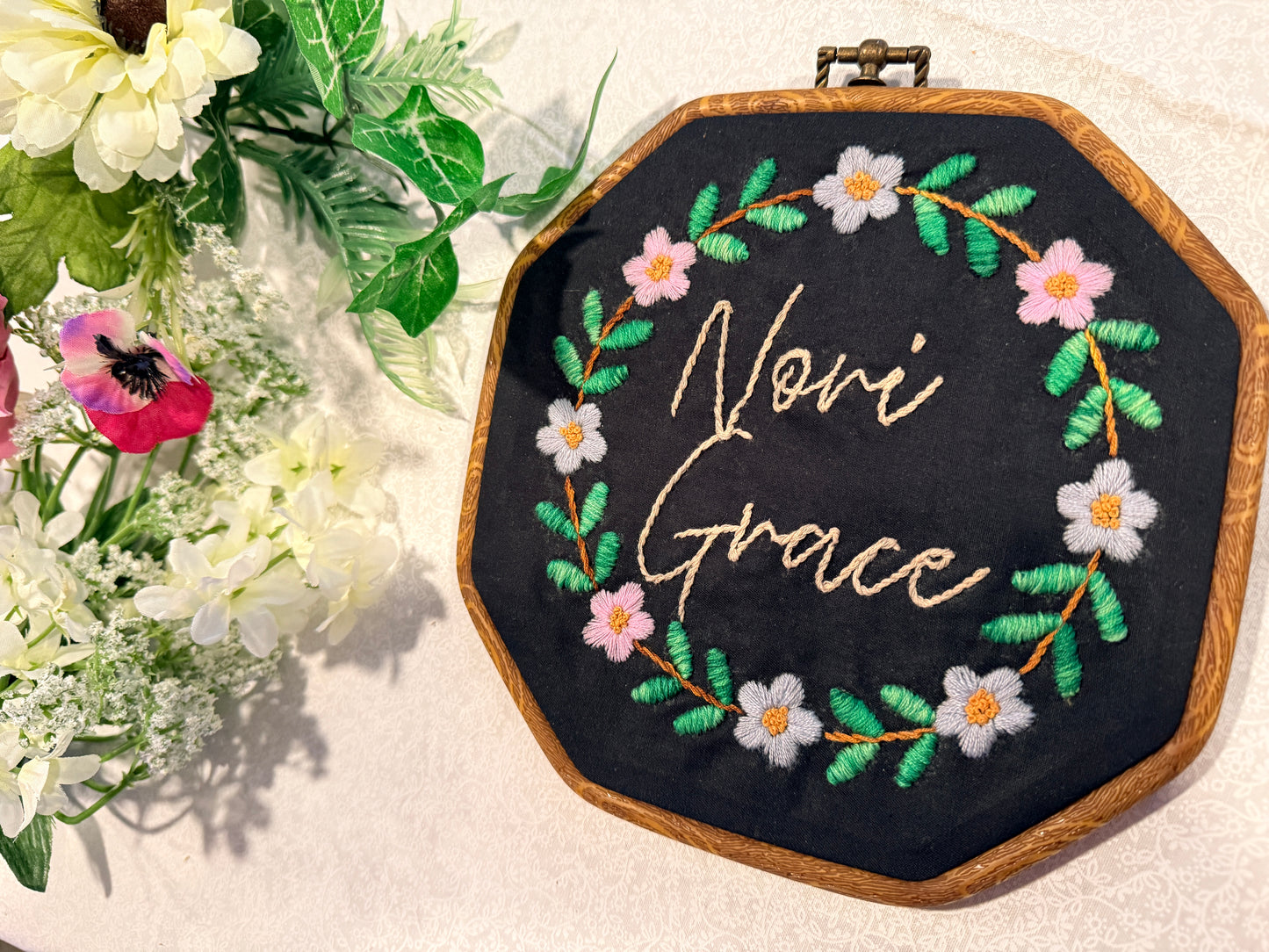 Custom Floral Name Embroidery Hoop – Made to Order Nursery Decor