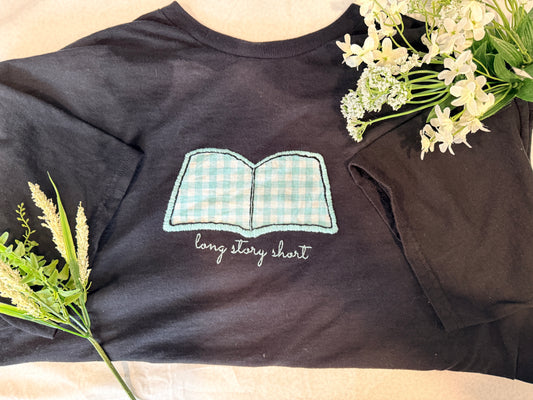 “Long Story Short” Embroidered Book Tee – Made to Order