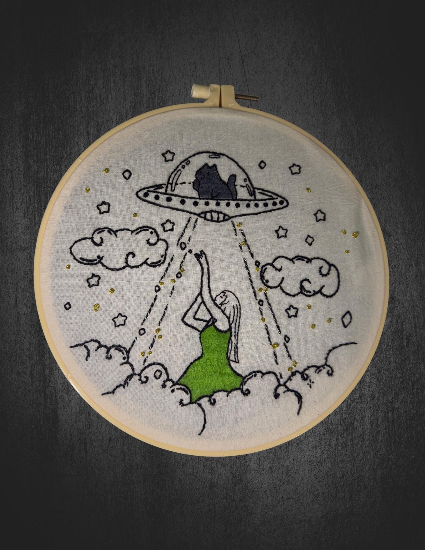 UFO Cat Embroidery Hoop Art | Whimsical Handmade Wall Decor
